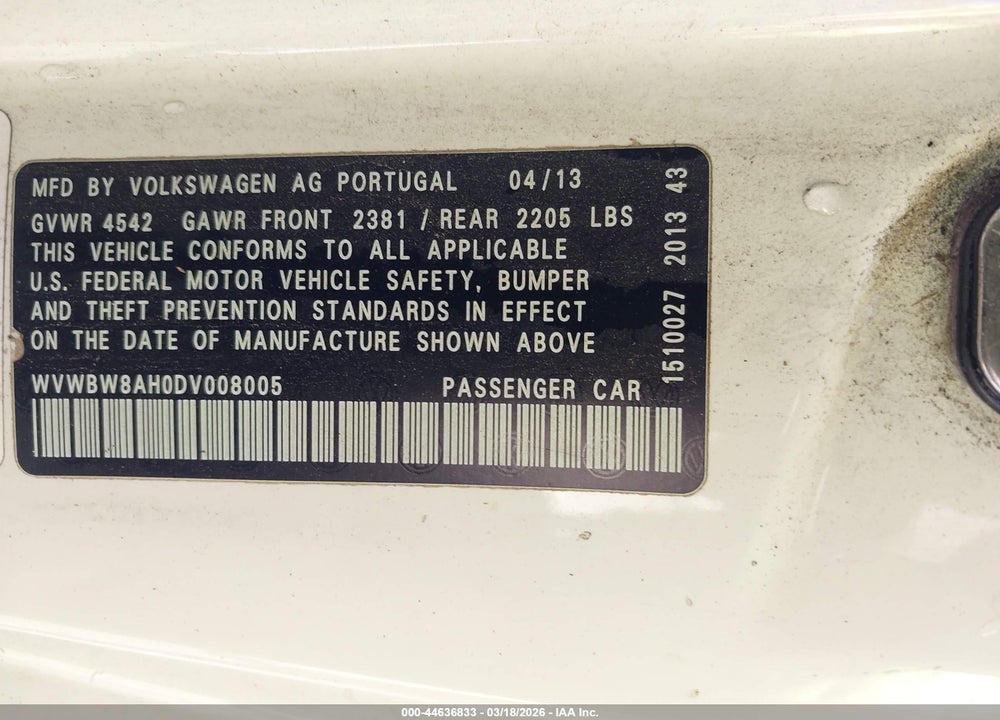 2013 VOLKSWAGEN EOS KOMFORT VIN: WVWBW8AH0DV008005