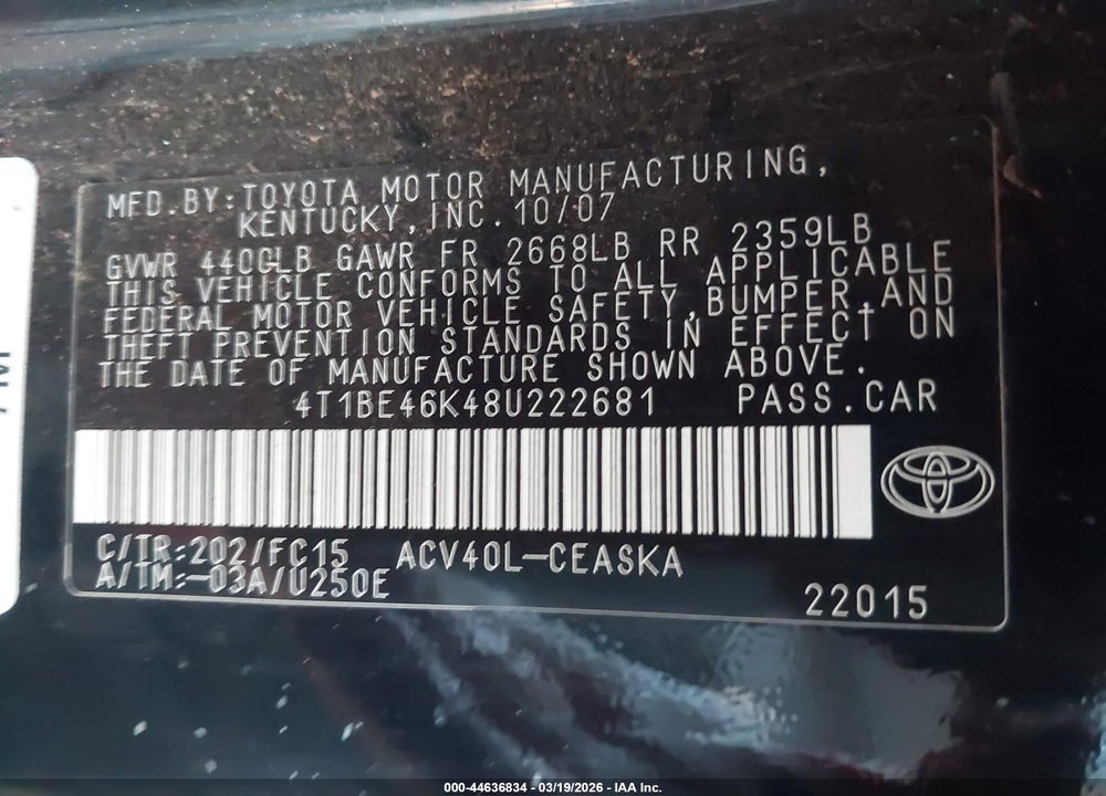 2008 TOYOTA CAMRY SE VIN: 4T1BE46K48U222681
