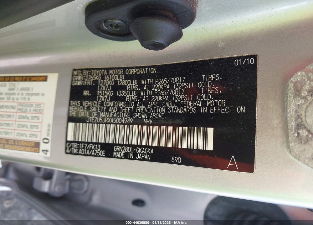 2010 TOYOTA 4RUNNER SR5 V6 VIN: JTEZU5JRXA5004949