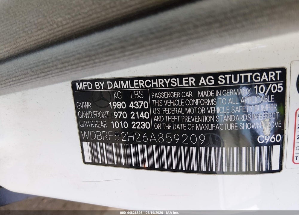 2006 MERCEDES-BENZ C 230 SPORT VIN: WDBRF52H26A859209