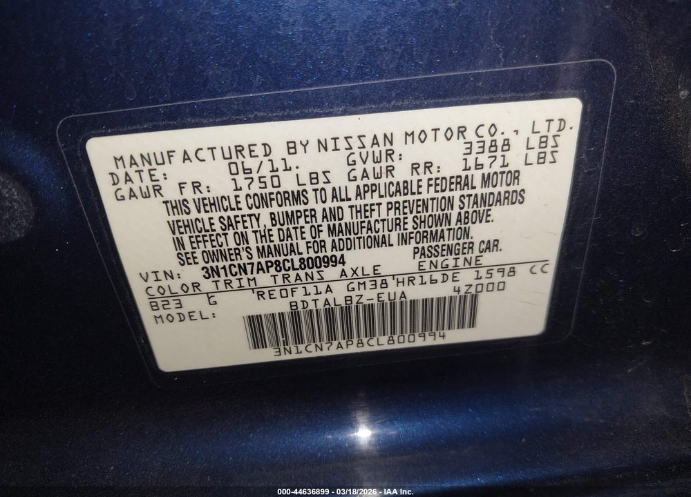 2012 NISSAN VERSA 1.6 SV VIN: 3N1CN7AP8CL800994