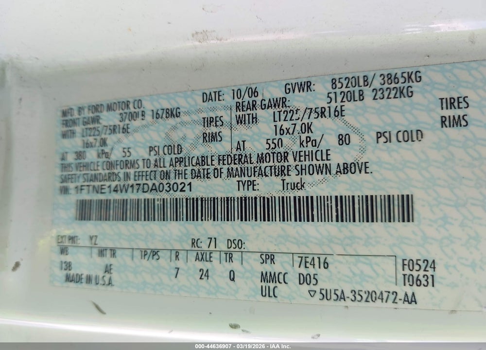 2007 FORD E-150 COMMERCIAL/RECREATIONAL VIN: 1FTNE14W17DA03021