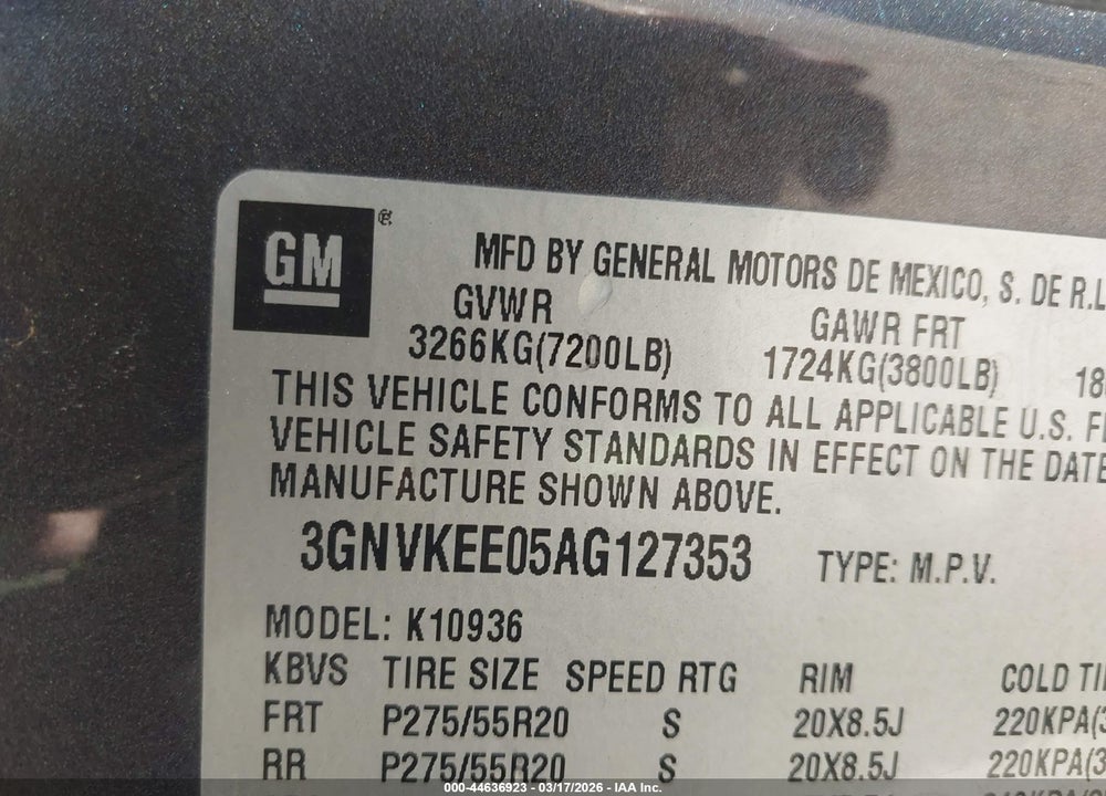 2010 CHEVROLET AVALANCHE 1500 LS VIN: 3GNVKEE05AG127353