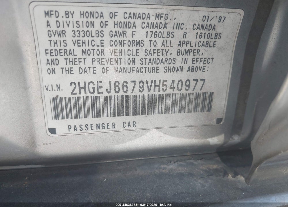 1997 HONDA CIVIC LX VIN: 2HGEJ6679VH540977