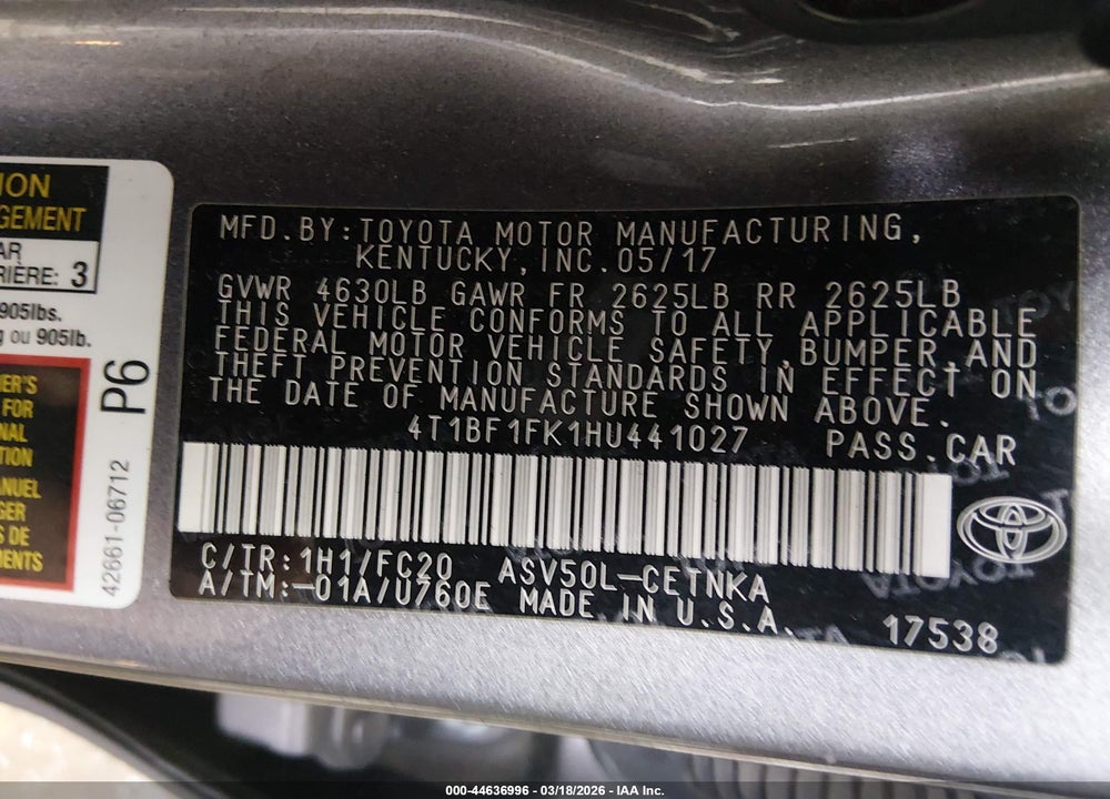 2017 TOYOTA CAMRY LE VIN: 4T1BF1FK1HU441027