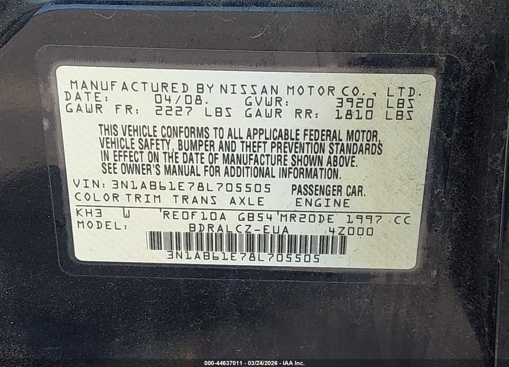 2008 NISSAN SENTRA 2.0 VIN: 3N1AB61E78L705505