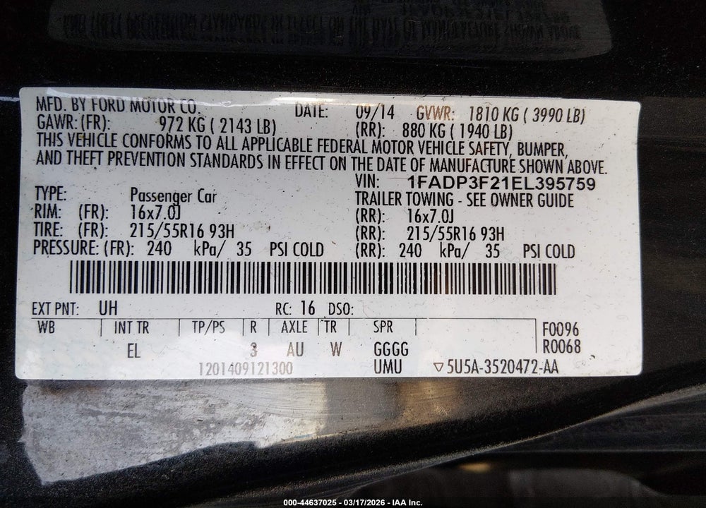 2014 FORD FOCUS SE VIN: 1FADP3F21EL395759