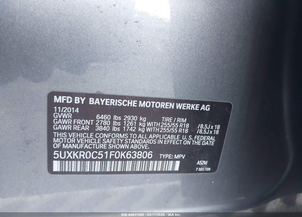 2015 BMW X5 XDRIVE35I VIN: 5UXKR0C51F0K63806