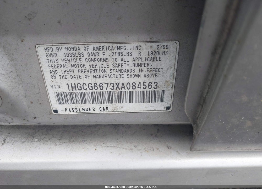1999 HONDA ACCORD EX VIN: 1HGCG6673XA084563