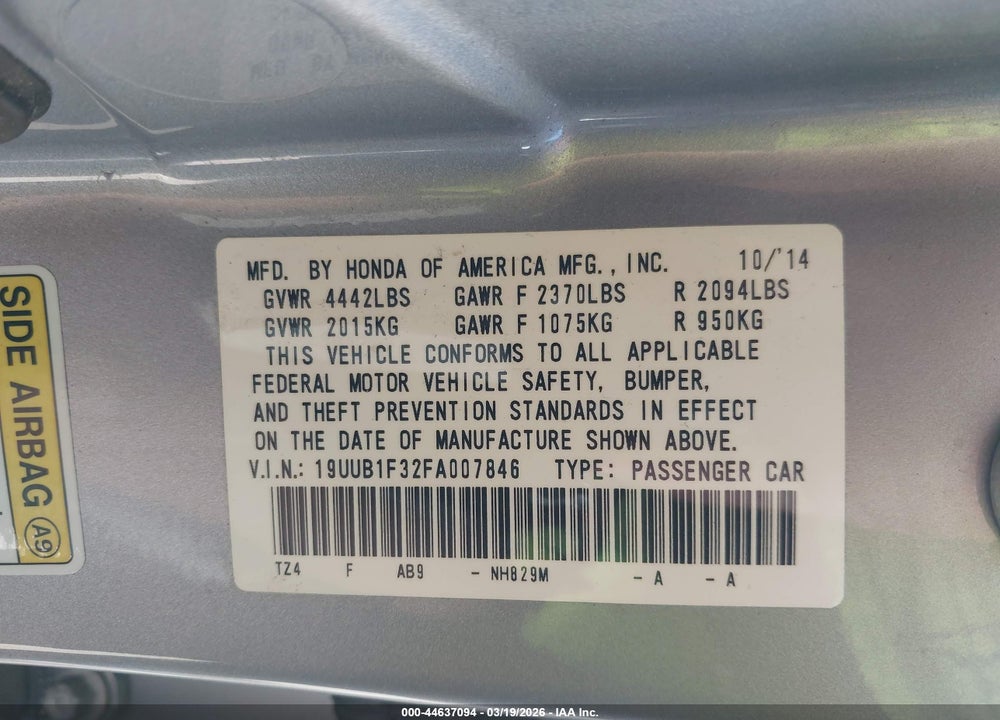 2015 ACURA TLX VIN: 19UUB1F32FA007846