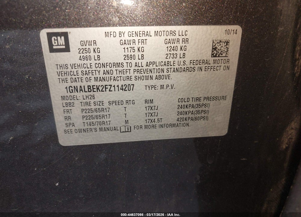 2015 CHEVROLET EQUINOX 1LT VIN: 1GNALBEK2FZ114207