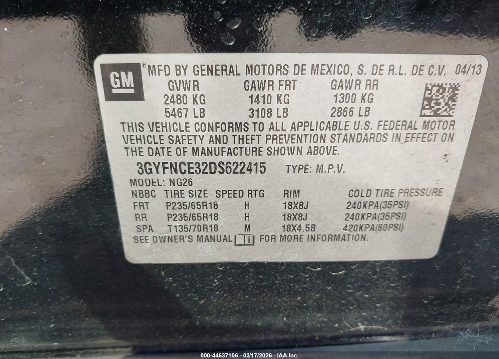2013 CADILLAC SRX LUXURY COLLECTION VIN: 3GYFNCE32DS622415
