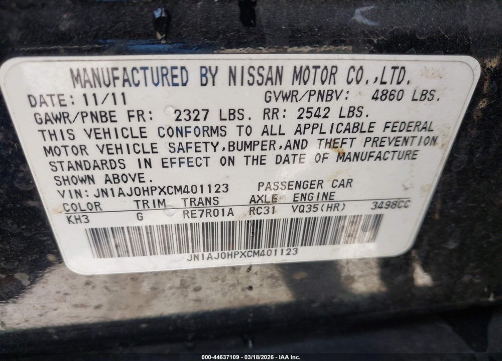2012 INFINITI EX35 JOURNEY VIN: JN1AJ0HPXCM401123