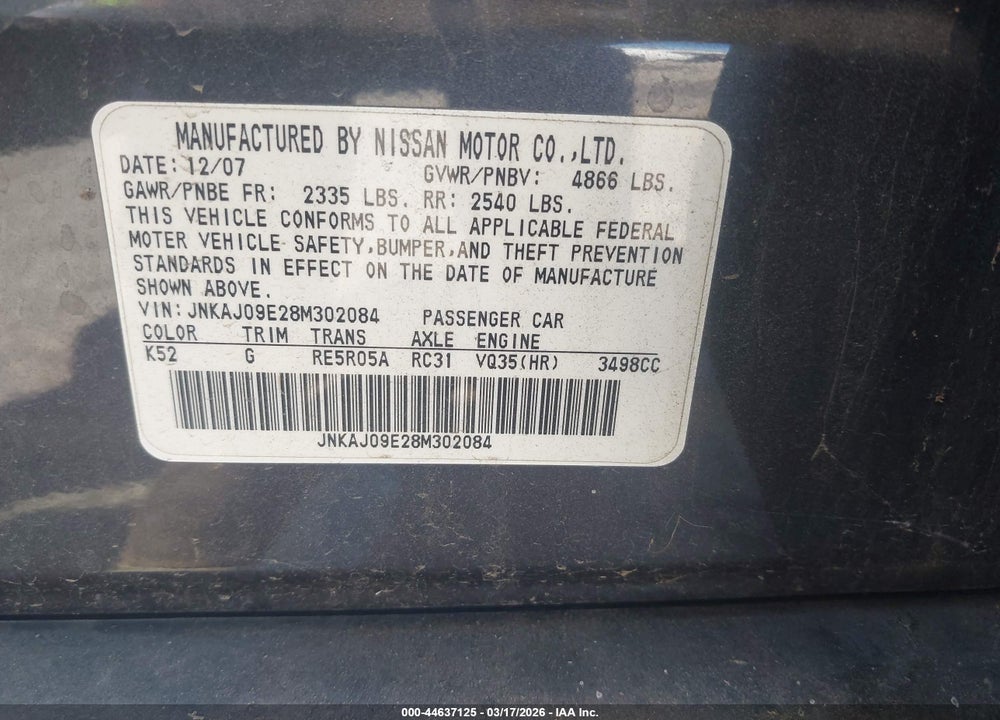 2008 INFINITI EX35 JOURNEY VIN: JNKAJ09E28M302084