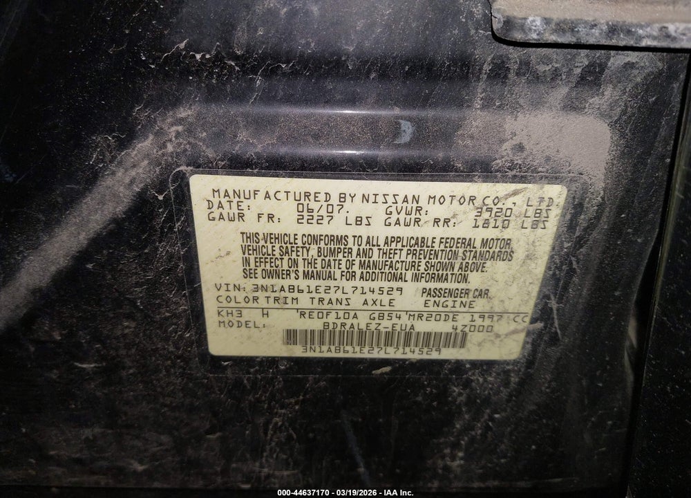 2007 NISSAN SENTRA 2.0S VIN: 3N1AB61E27L714529