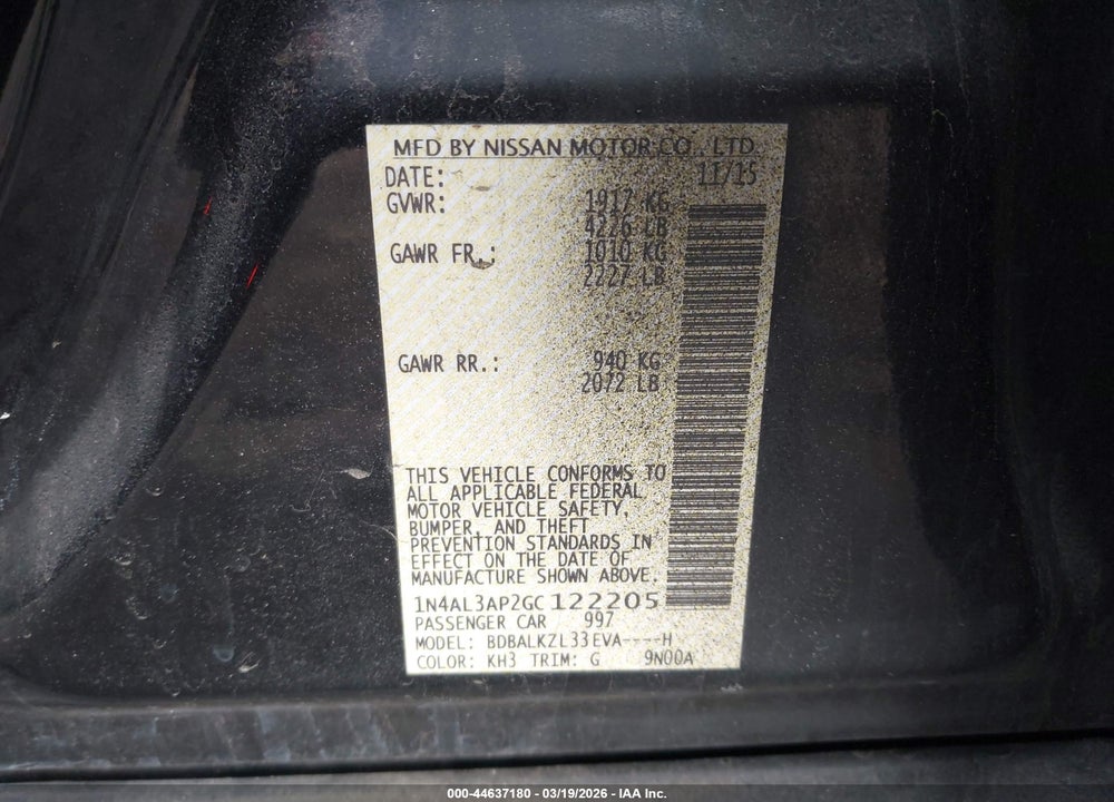 2016 NISSAN ALTIMA 2.5 SV VIN: 1N4AL3AP2GC122205