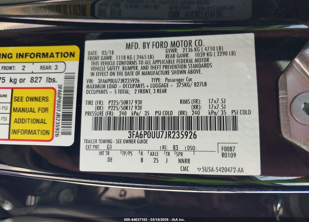 2018 FORD FUSION HYBRID S VIN: 3FA6P0UU7JR235926
