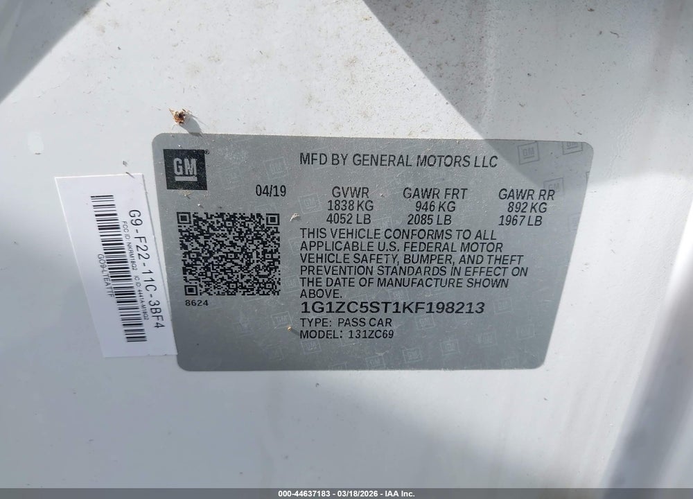 2019 CHEVROLET MALIBU 1FL VIN: 1G1ZC5ST1KF198213