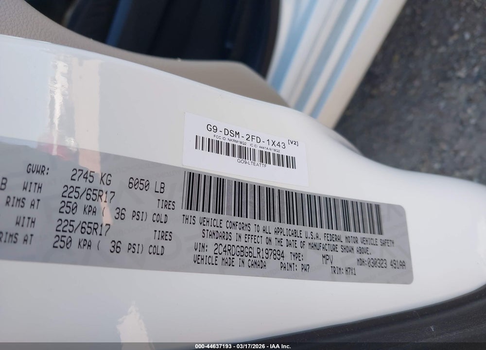 2020 DODGE GRAND CARAVAN SE VIN: 2C4RDGBG6LR197894