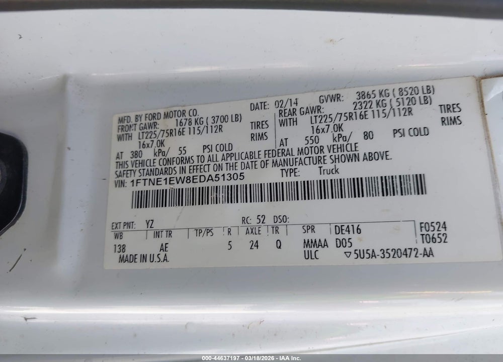 2014 FORD E-150 COMMERCIAL VIN: 1FTNE1EW8EDA51305