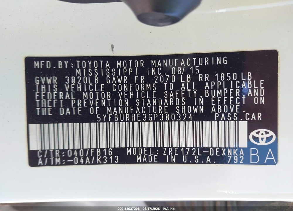 2016 TOYOTA COROLLA LE PLUS VIN: 5YFBURHE3GP380324