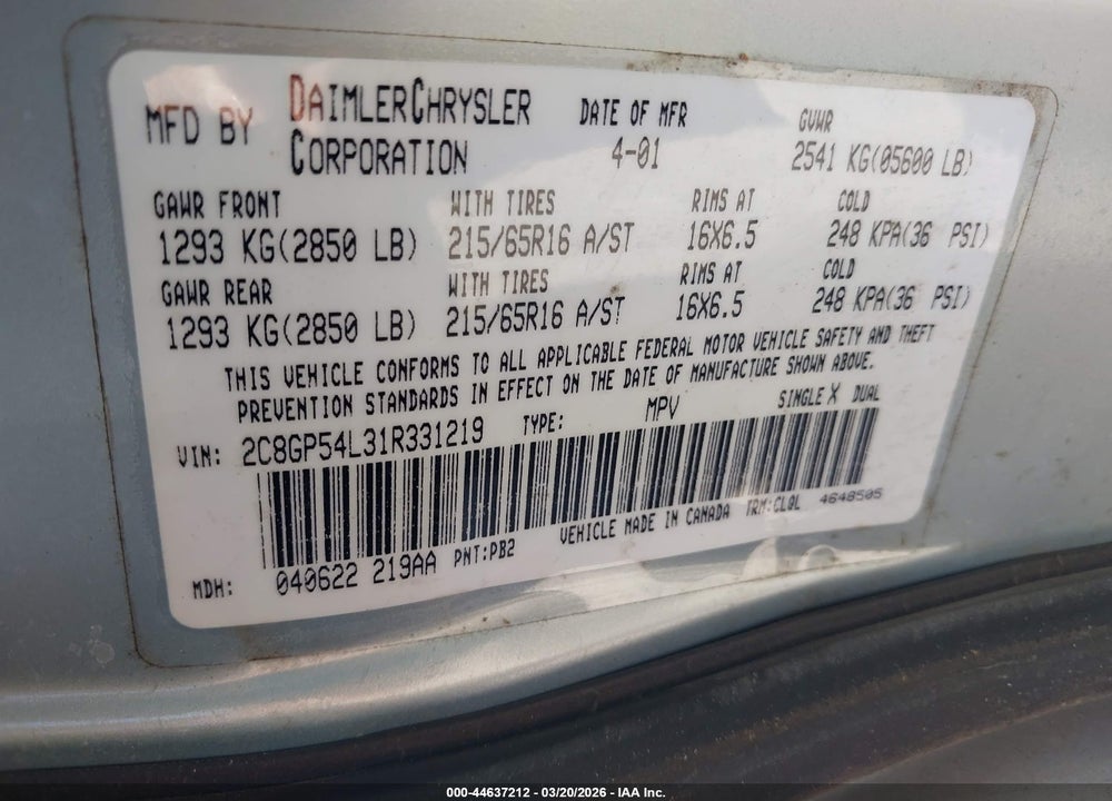 2001 CHRYSLER TOWN & COUNTRY LXI VIN: 2C8GP54L31R331219