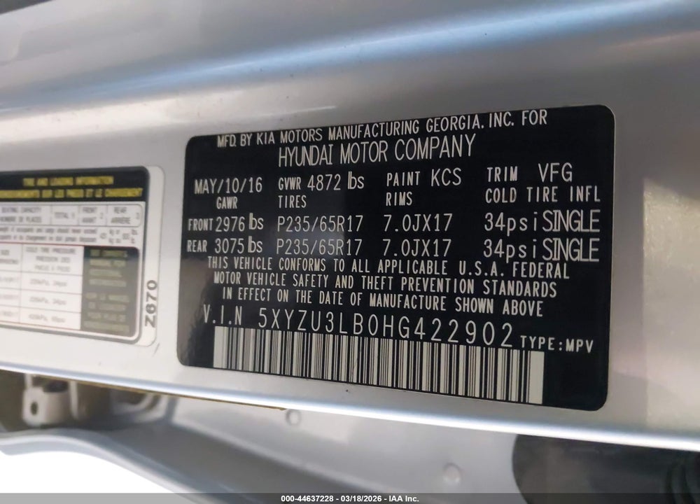 2017 HYUNDAI SANTA FE SPORT 2.4L VIN: 5XYZU3LB0HG422902