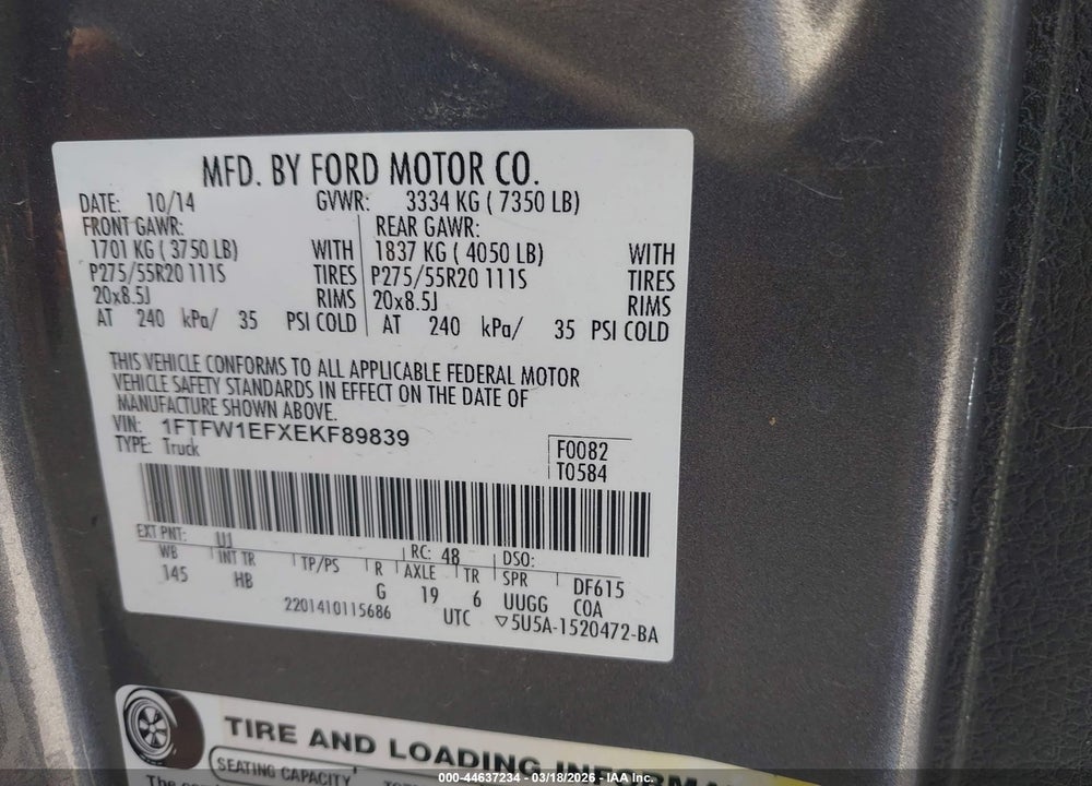 2014 FORD F-150 LARIAT VIN: 1FTFW1EFXEKF89839
