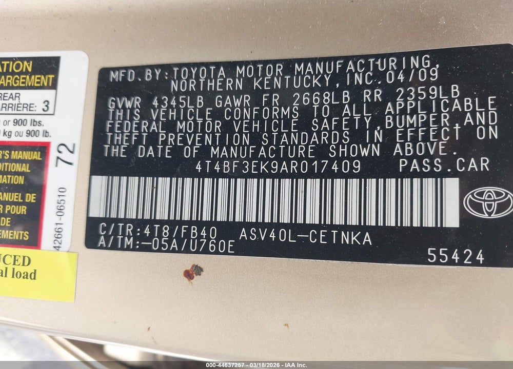 2010 TOYOTA CAMRY VIN: 4T4BF3EK9AR017409