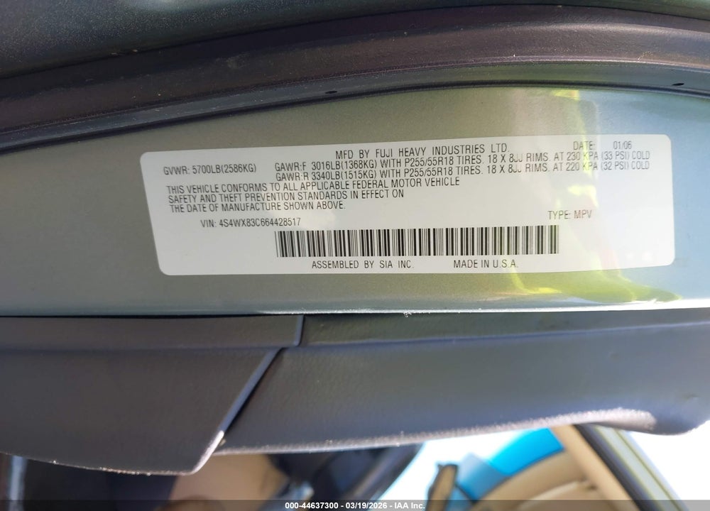 2006 SUBARU B9 TRIBECA LIMITED 5-PASSENGER VIN: 4S4WX83C664428517