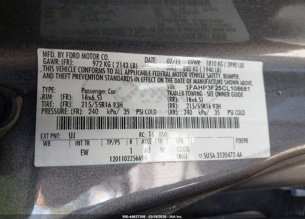 2012 FORD FOCUS SE VIN: 1FAHP3F25CL108681