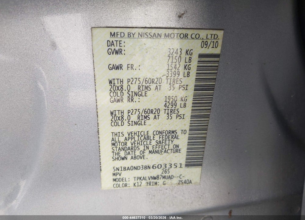 2011 NISSAN ARMADA SL VIN: 5N1BA0ND3BN603351