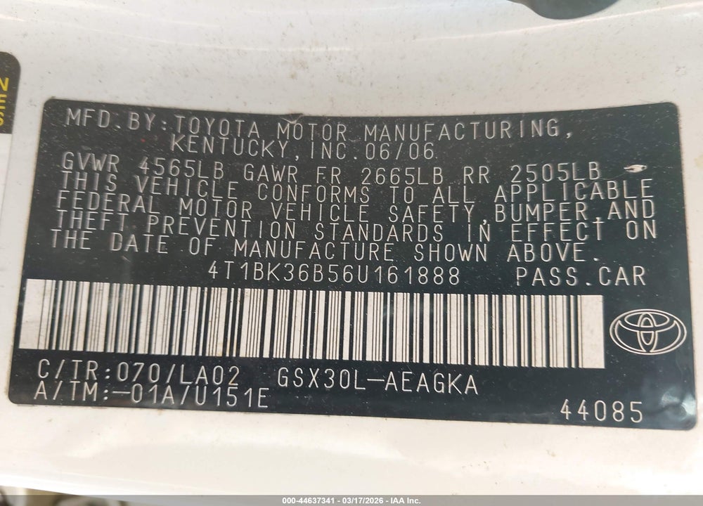 2006 TOYOTA AVALON XLS VIN: 4T1BK36B56U161888