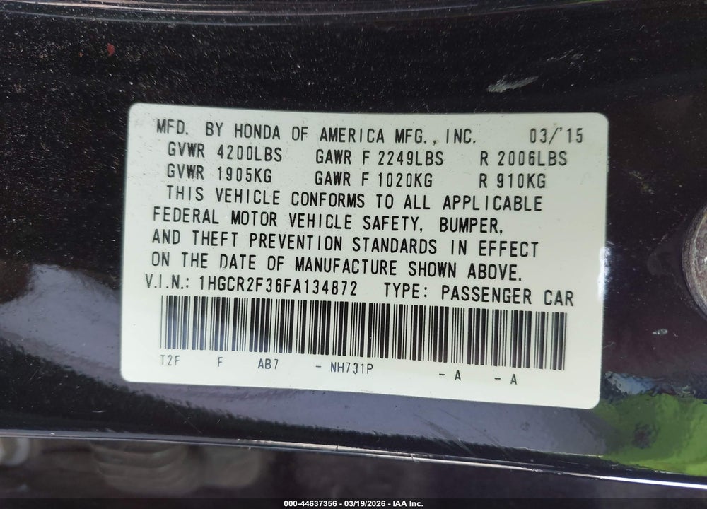 2015 HONDA ACCORD LX VIN: 1HGCR2F36FA134872