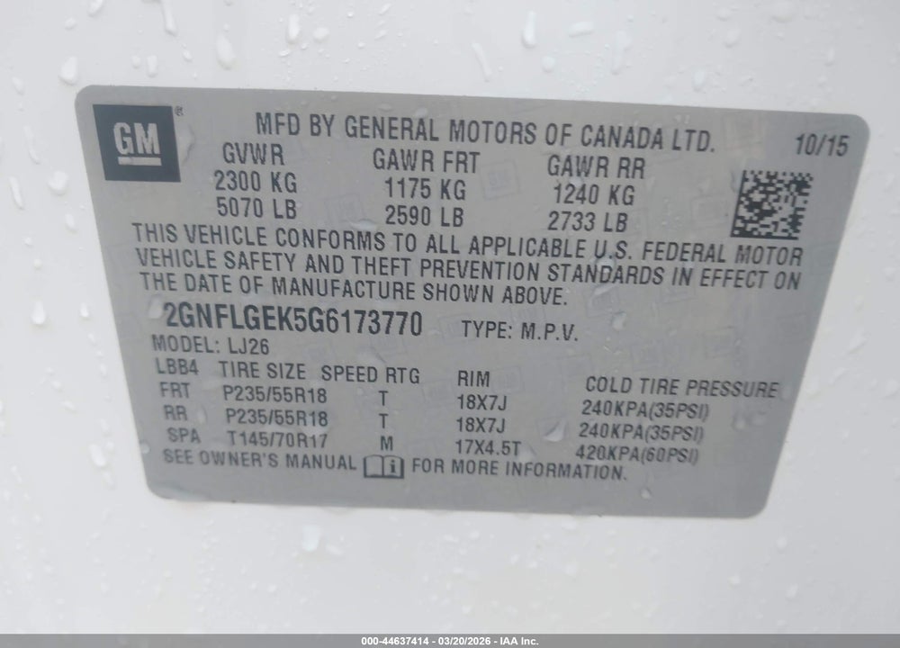 2016 CHEVROLET EQUINOX LTZ VIN: 2GNFLGEK5G6173770