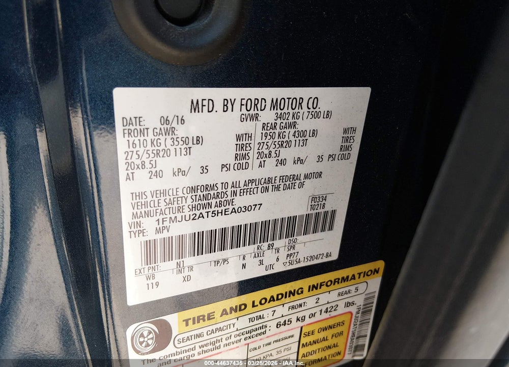 2017 FORD EXPEDITION LIMITED VIN: 1FMJU2AT5HEA03077