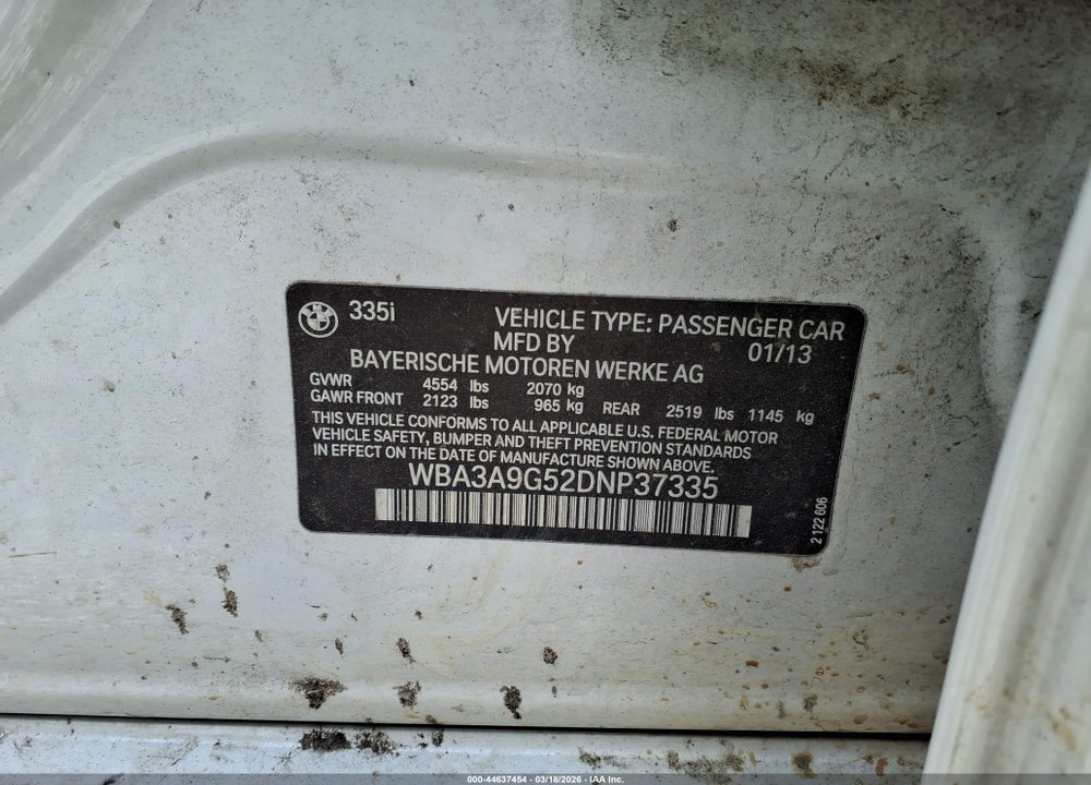 2013 BMW 335I VIN: WBA3A9G52DNP37335
