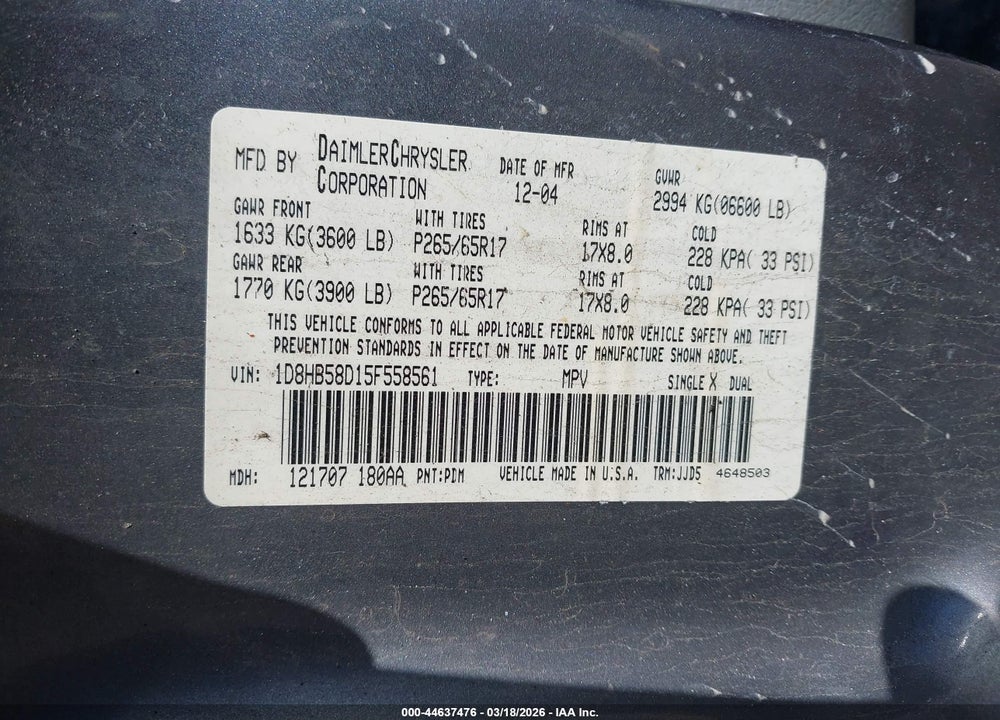 2005 DODGE DURANGO LIMITED VIN: 1D8HB58D15F558561