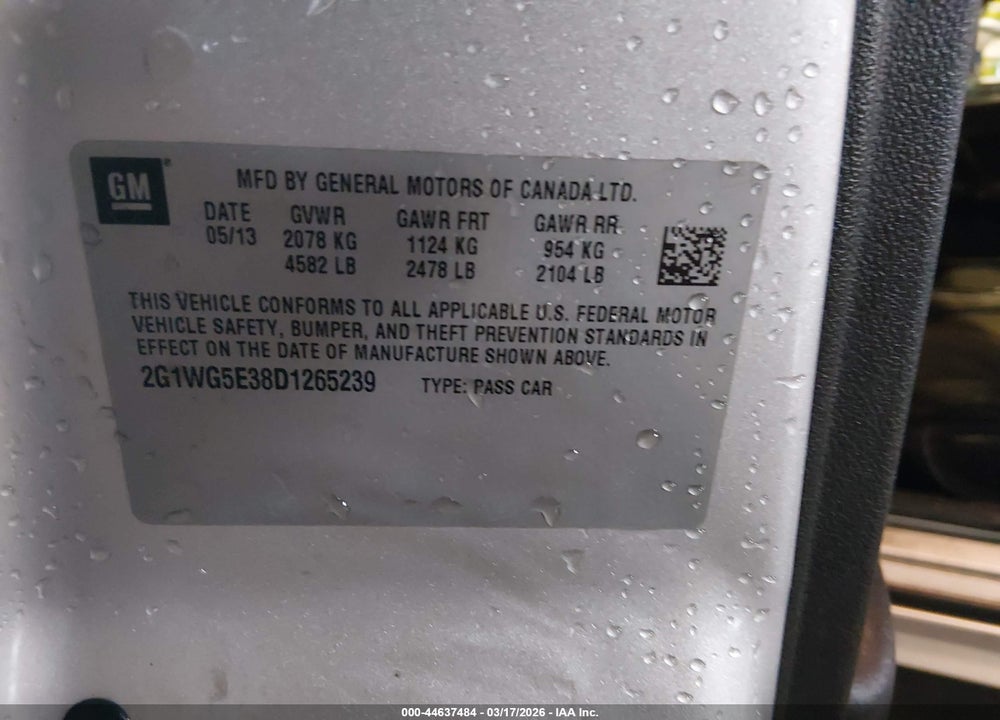 2013 CHEVROLET IMPALA LT VIN: 2G1WG5E38D1265239