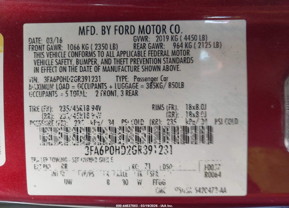 2016 FORD FUSION SE VIN: 3FA6P0HD2GR391231