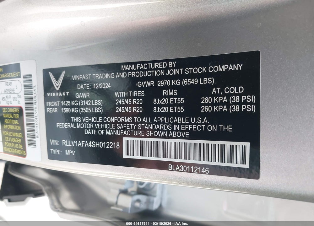2025 VINFAST VF 8 PLUS VIN: RLLV1AFA4SH012218
