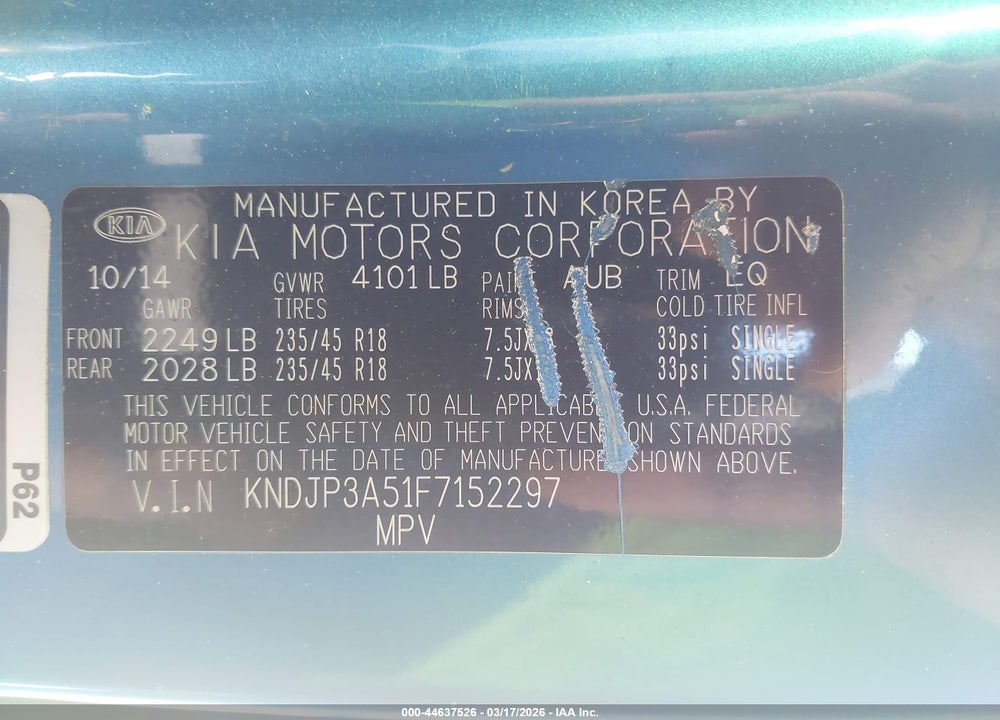 2015 KIA SOUL + VIN: KNDJP3A51F7152297