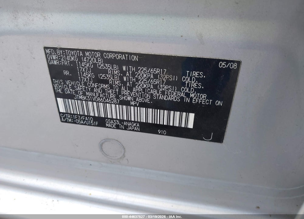 2008 TOYOTA RAV4 LIMITED V6 VIN: JTMBK31V086046287