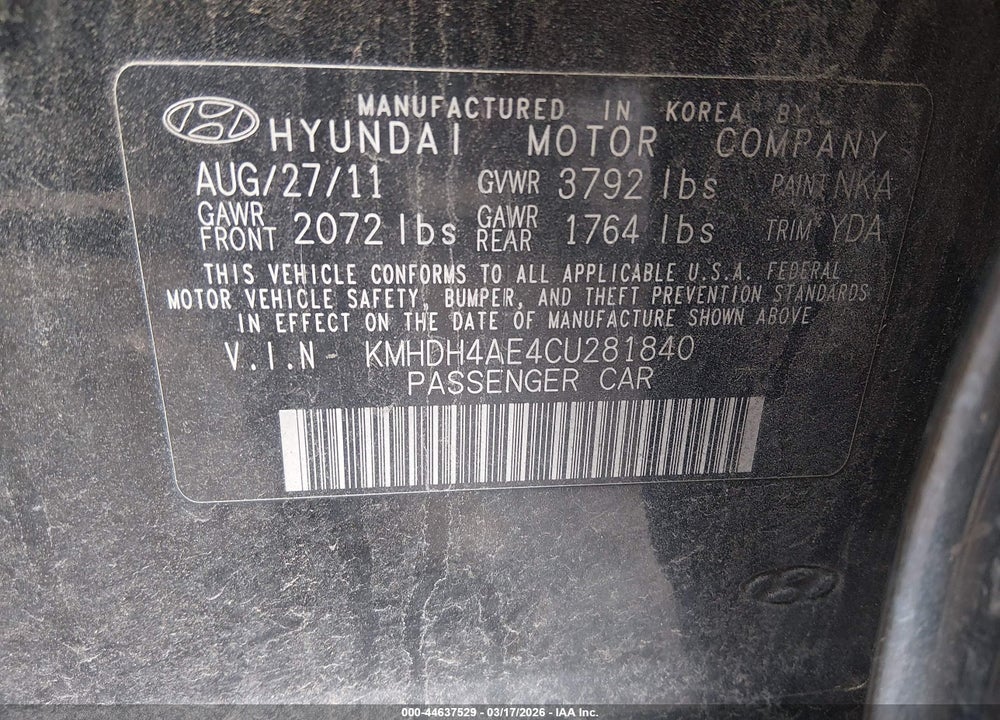 2012 HYUNDAI ELANTRA GLS (ULSAN PLANT) VIN: KMHDH4AE4CU281840