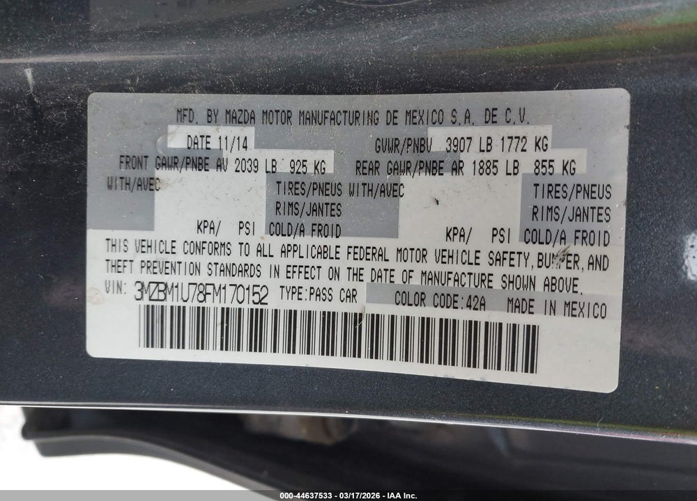 2015 MAZDA 3 I SPORT VIN: 3MZBM1U78FM170152
