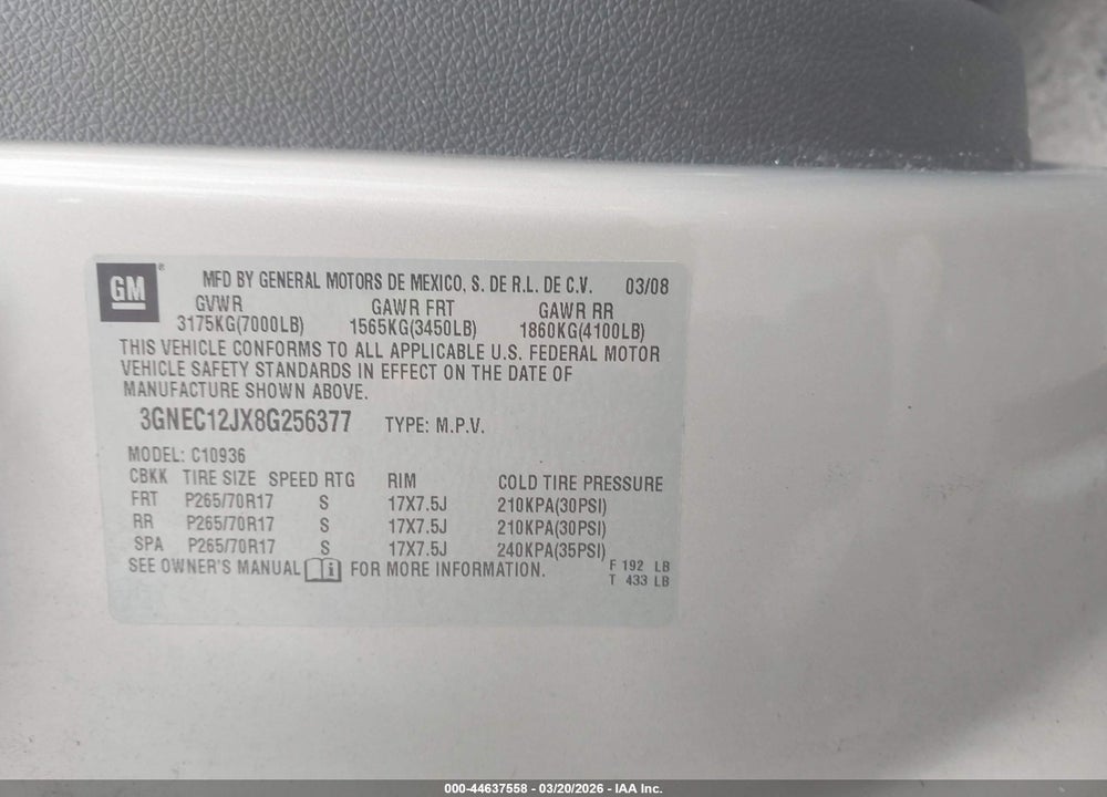 2008 CHEVROLET AVALANCHE 1500 LS VIN: 3GNEC12JX8G256377