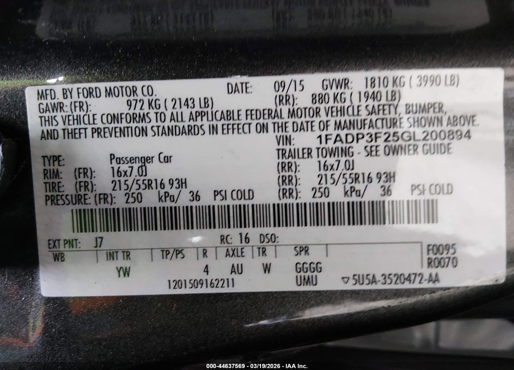 2016 FORD FOCUS SE VIN: 1FADP3F25GL200894