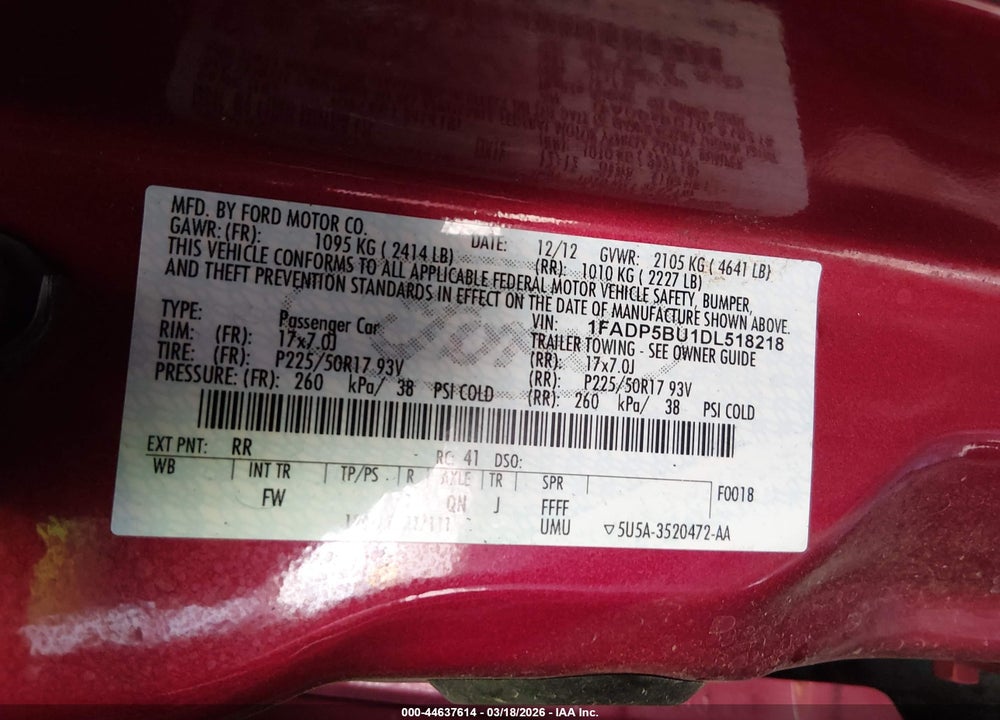 2013 FORD C-MAX HYBRID SEL VIN: 1FADP5BU1DL518218