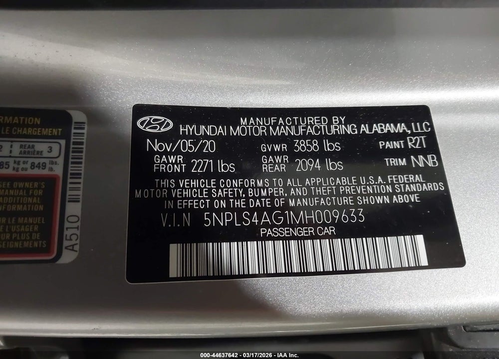 2021 HYUNDAI ELANTRA SEL VIN: 5NPLS4AG1MH009633