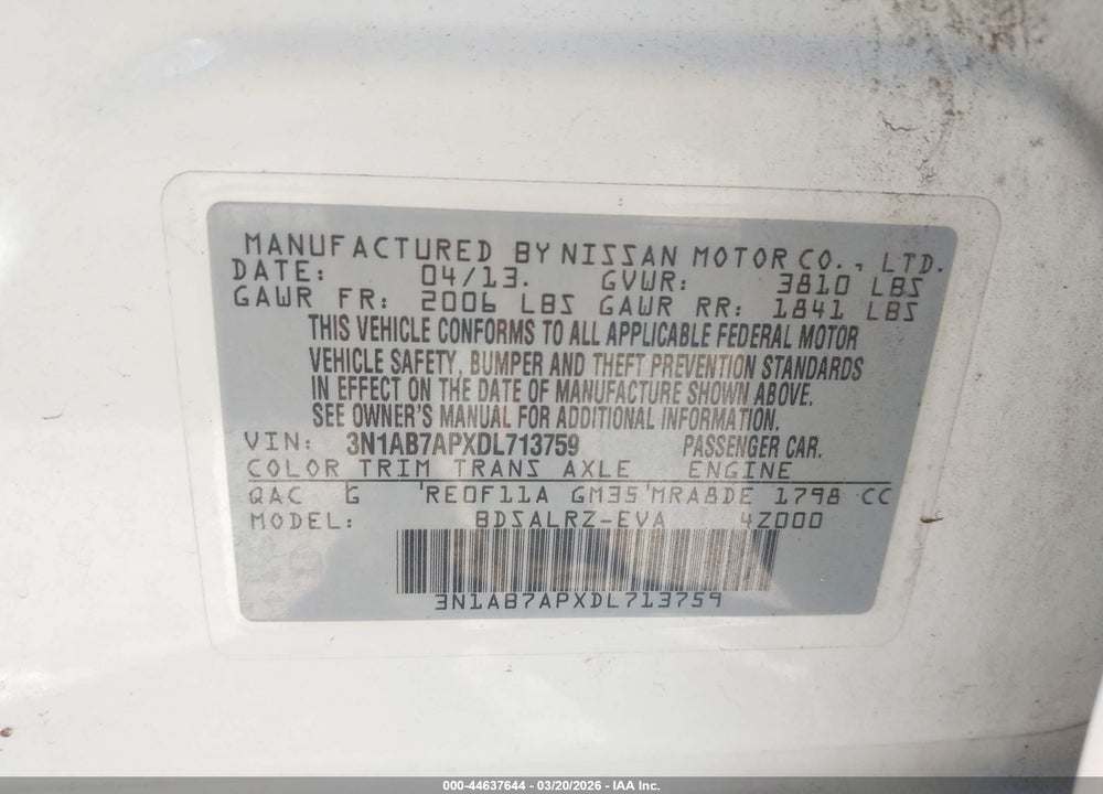 2013 NISSAN SENTRA SR VIN: 3N1AB7APXDL713759